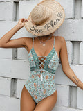 Vintage Print One Piece Tassel Bandage Swimsuit