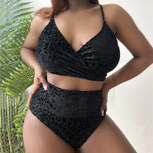 Solid Color Leopard Two Piece Swimsuit